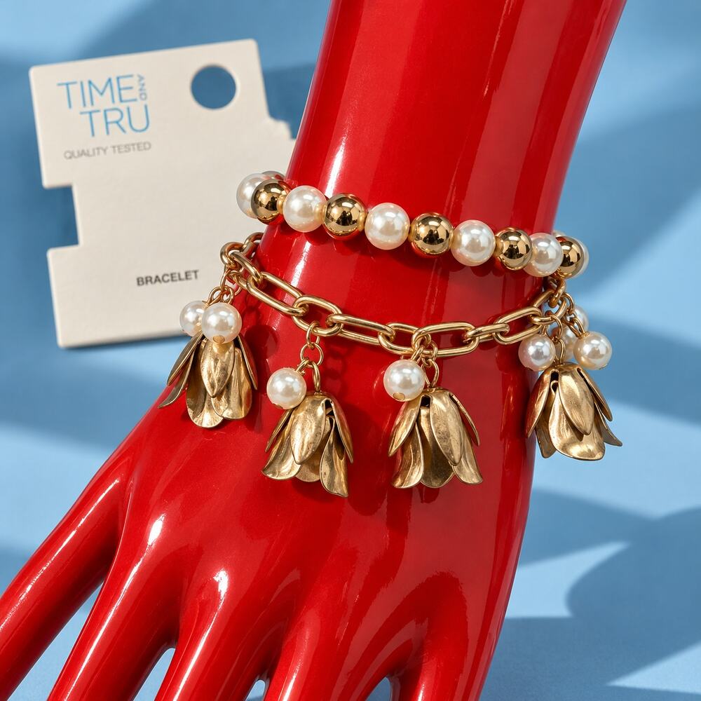 Time and Tru 2 Piece Gold Tone Floral Charm Pearl Bracelet Set NWT